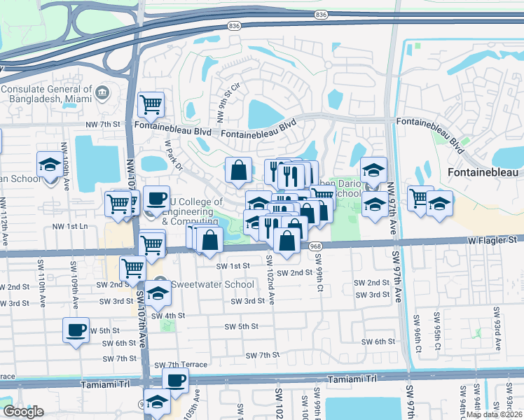 map of restaurants, bars, coffee shops, grocery stores, and more near 261 West Park Drive in Miami