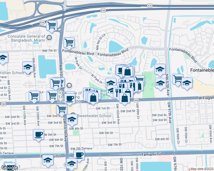 map of restaurants, bars, coffee shops, grocery stores, and more near 251 West Park Drive in Miami