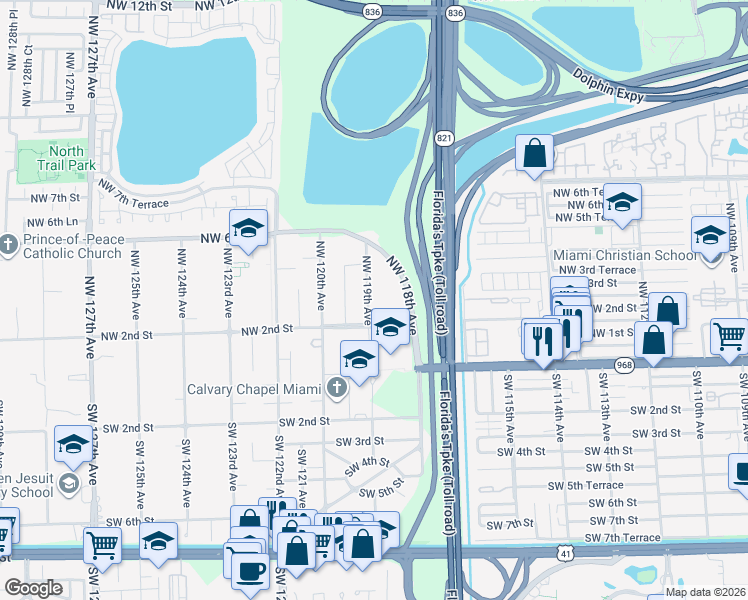 map of restaurants, bars, coffee shops, grocery stores, and more near 360 Northwest 119th Avenue in Miami