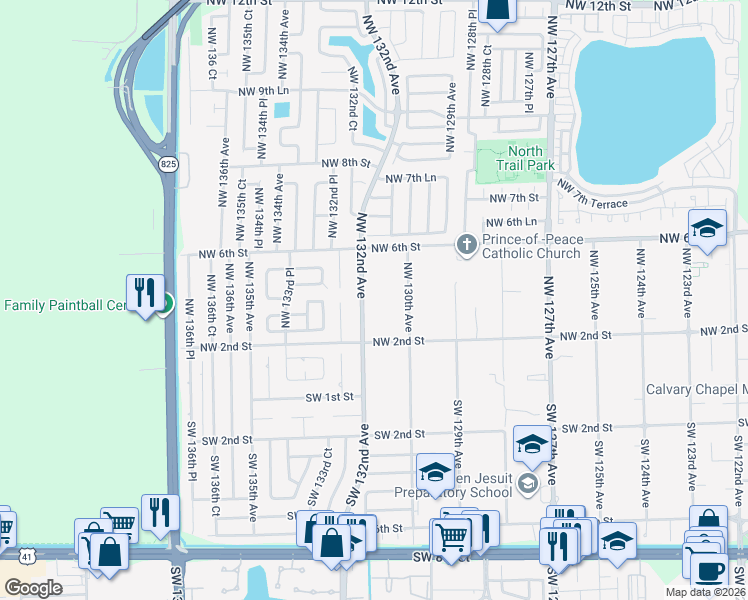 map of restaurants, bars, coffee shops, grocery stores, and more near 451 Northwest 132nd Avenue in Miami