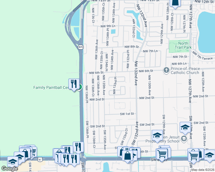 map of restaurants, bars, coffee shops, grocery stores, and more near 461 Northwest 135th Avenue in Miami