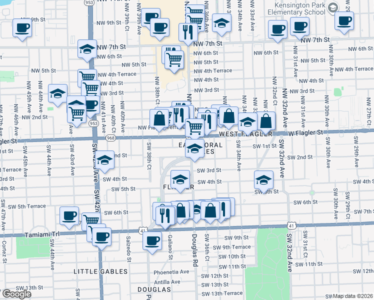 map of restaurants, bars, coffee shops, grocery stores, and more near 120 Southwest 37th Avenue in Miami