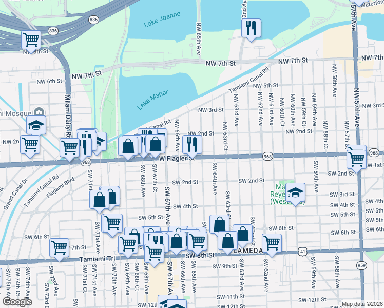 map of restaurants, bars, coffee shops, grocery stores, and more near 48 Northwest 65th Avenue in Miami