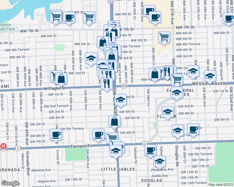 map of restaurants, bars, coffee shops, grocery stores, and more near 4031 Florida 968 in Miami