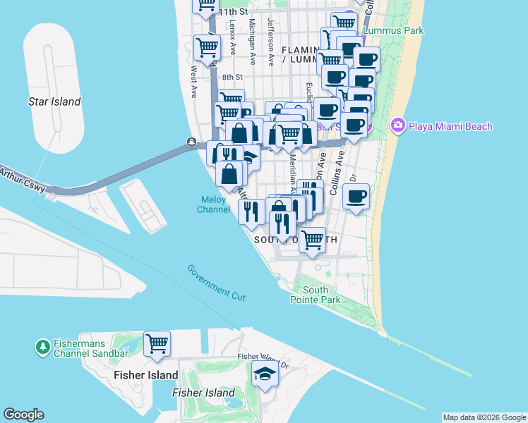 map of restaurants, bars, coffee shops, grocery stores, and more near in Miami Beach