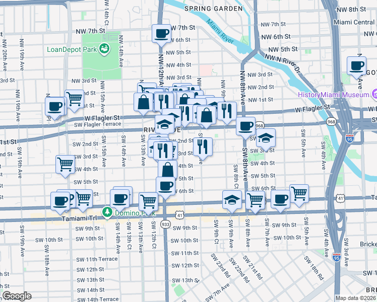 map of restaurants, bars, coffee shops, grocery stores, and more near 1054 Southwest 2nd Street in Miami