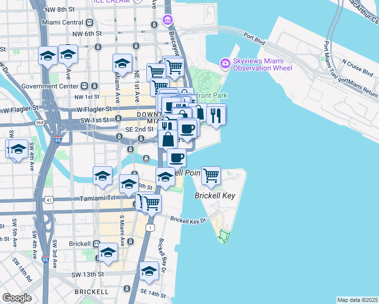 map of restaurants, bars, coffee shops, grocery stores, and more near 405 South Biscayne Boulevard in Miami