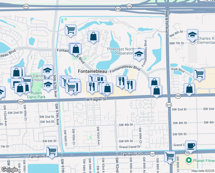 map of restaurants, bars, coffee shops, grocery stores, and more near 9270 Fontainebleau Boulevard in Miami