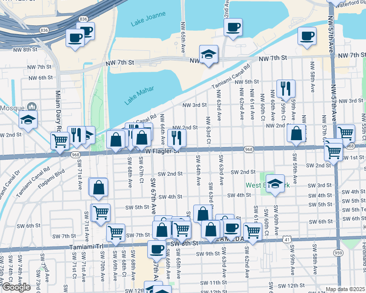 map of restaurants, bars, coffee shops, grocery stores, and more near 75 Northwest 64th Court in Miami