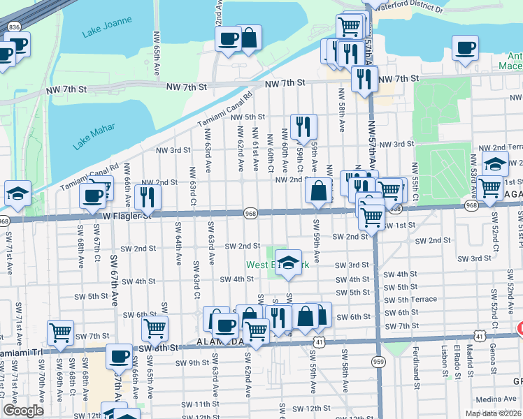 map of restaurants, bars, coffee shops, grocery stores, and more near 65 Northwest 61st Avenue in Miami