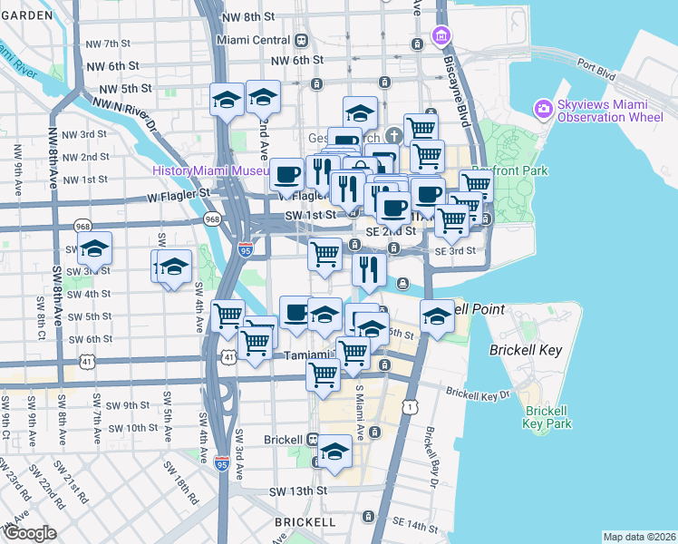 map of restaurants, bars, coffee shops, grocery stores, and more near 74 Southwest 3rd Street in Miami
