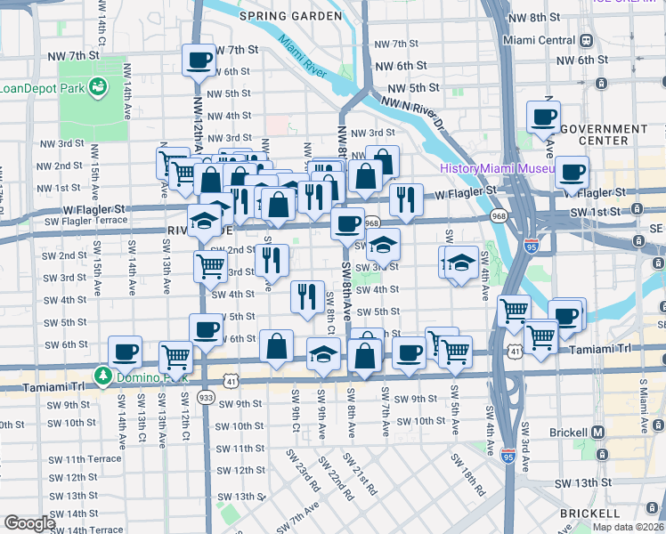 map of restaurants, bars, coffee shops, grocery stores, and more near 200 Southwest 8th Avenue in Miami