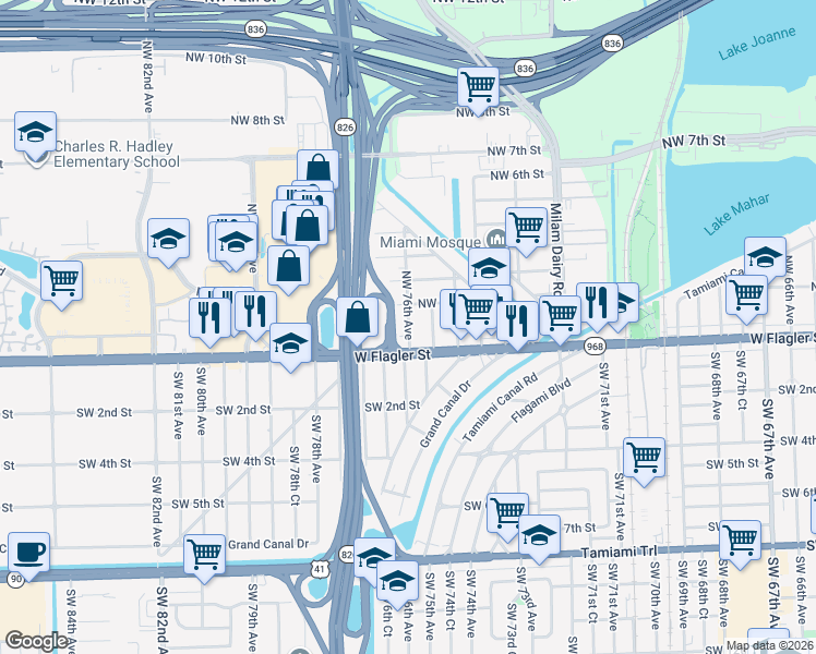 map of restaurants, bars, coffee shops, grocery stores, and more near 89 Northwest 76th Avenue in Miami