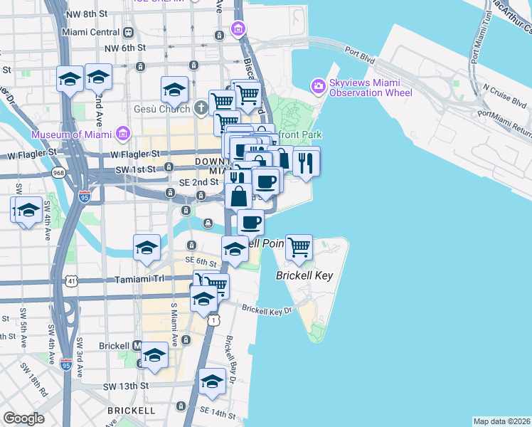 map of restaurants, bars, coffee shops, grocery stores, and more near 405 South Biscayne Boulevard in Miami