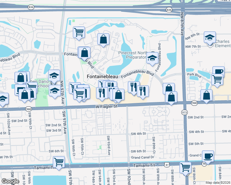 map of restaurants, bars, coffee shops, grocery stores, and more near 9270 Fontainebleau Boulevard in Miami