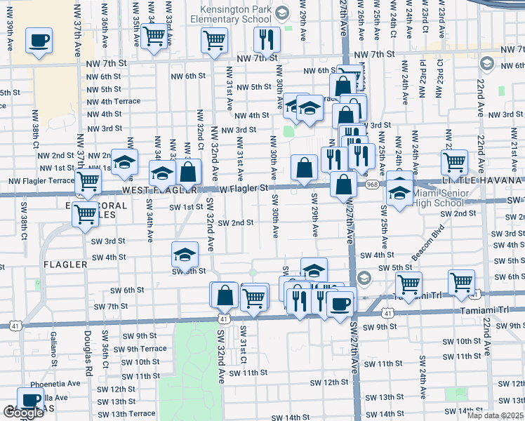 map of restaurants, bars, coffee shops, grocery stores, and more near 70 Southwest 30th Avenue in Miami