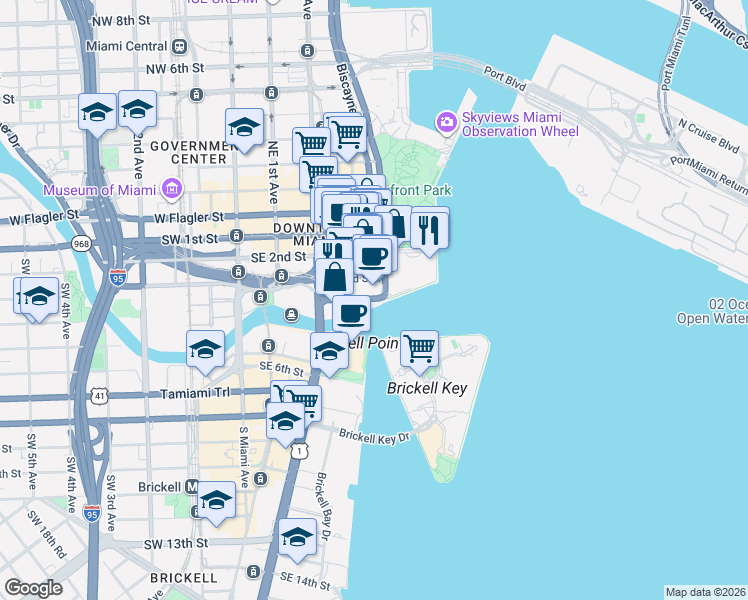 map of restaurants, bars, coffee shops, grocery stores, and more near 405 South Biscayne Boulevard in Miami