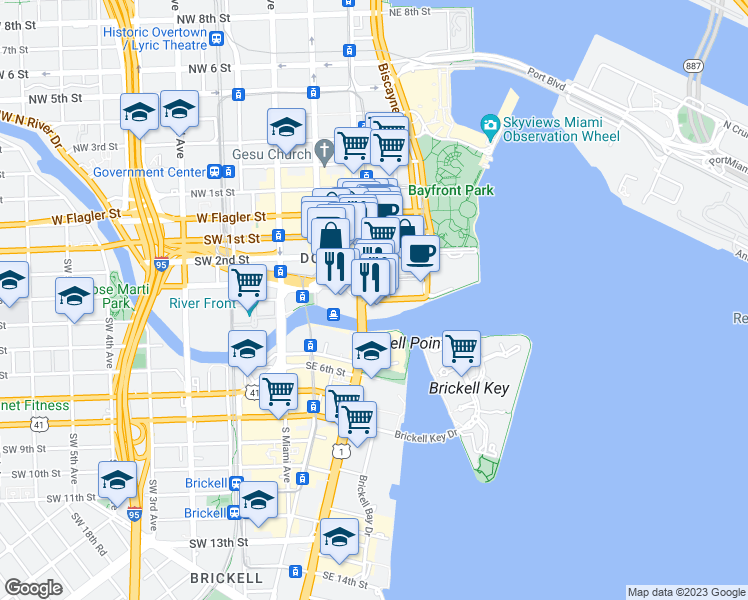 map of restaurants, bars, coffee shops, grocery stores, and more near 333 Southeast 2nd Avenue in Miami