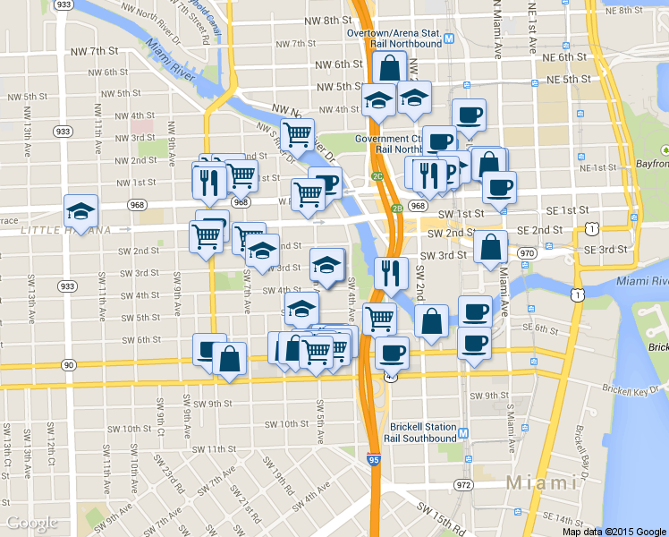 map of restaurants, bars, coffee shops, grocery stores, and more near 444 Southwest 2nd Street in Miami