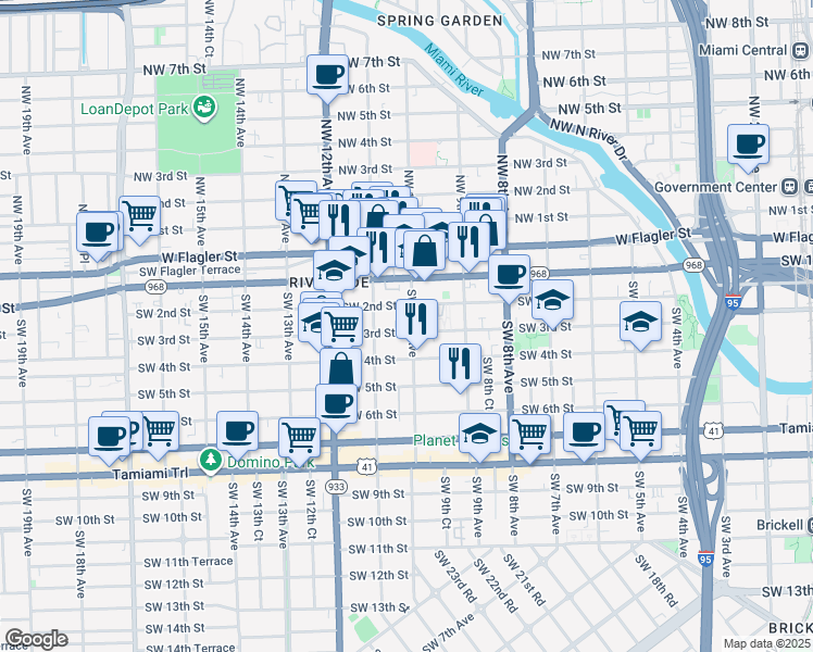 map of restaurants, bars, coffee shops, grocery stores, and more near 980 Southwest 2nd Street in Miami