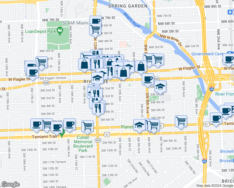 map of restaurants, bars, coffee shops, grocery stores, and more near 1054 Southwest 2nd Street in Miami