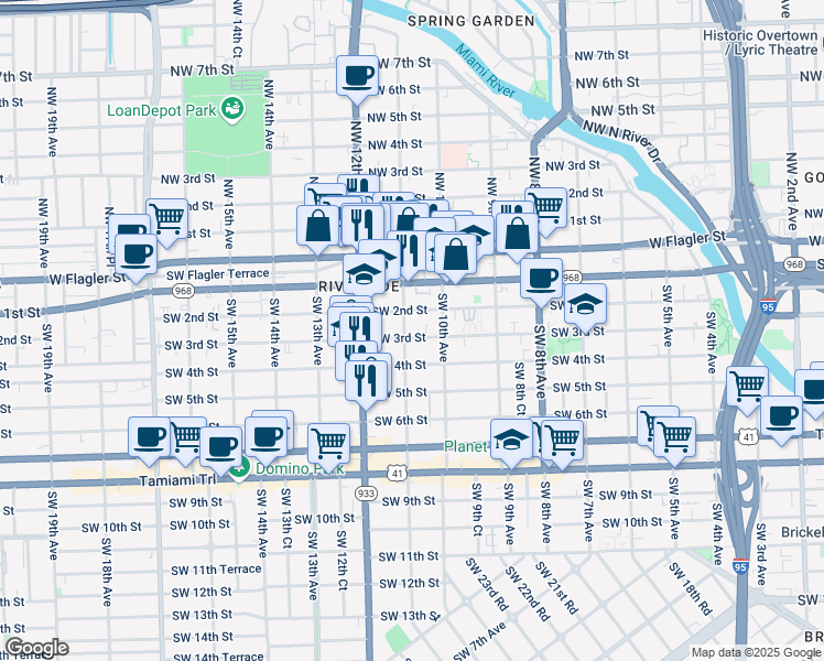 map of restaurants, bars, coffee shops, grocery stores, and more near 1054 Southwest 2nd Street in Miami