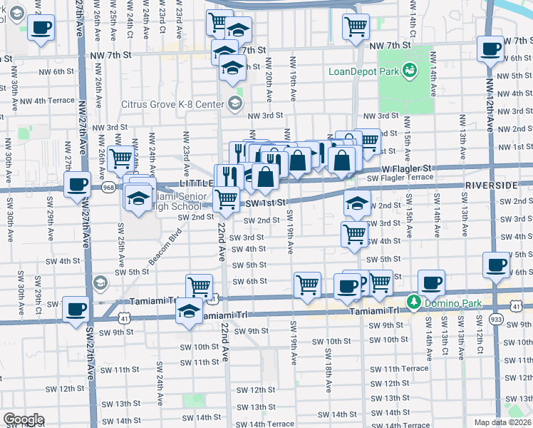 map of restaurants, bars, coffee shops, grocery stores, and more near 1990 Southwest 1st Street in Miami