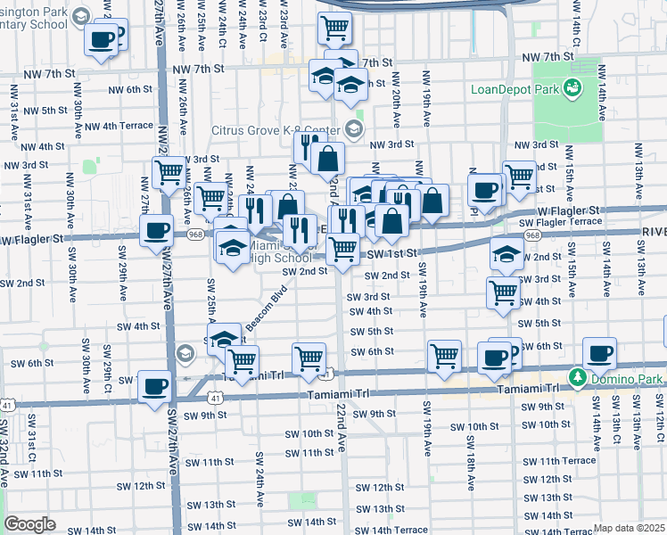 map of restaurants, bars, coffee shops, grocery stores, and more near 2140 West Flagler Street in Miami