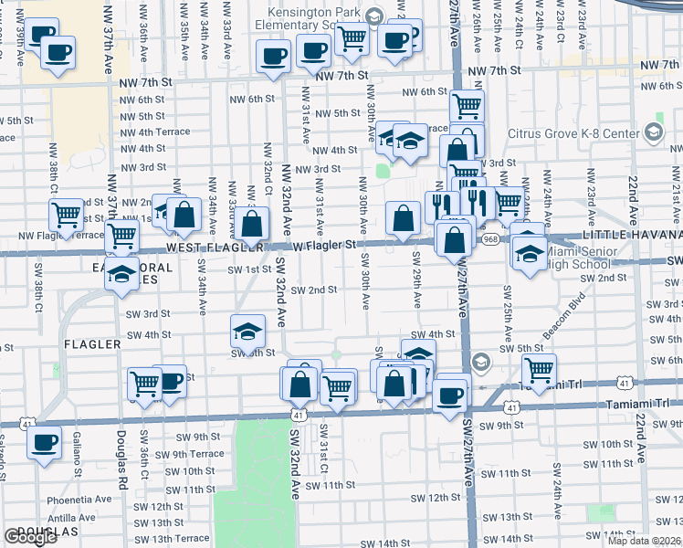map of restaurants, bars, coffee shops, grocery stores, and more near 35 Southwest 31st Avenue in Miami