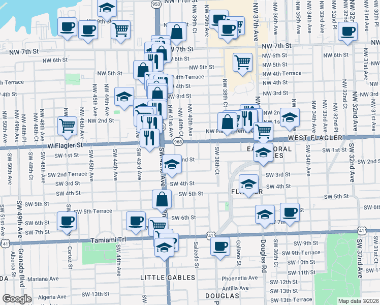 map of restaurants, bars, coffee shops, grocery stores, and more near 4000 West Flagler Street in Miami