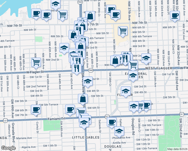 map of restaurants, bars, coffee shops, grocery stores, and more near 4000 West Flagler Street in Miami