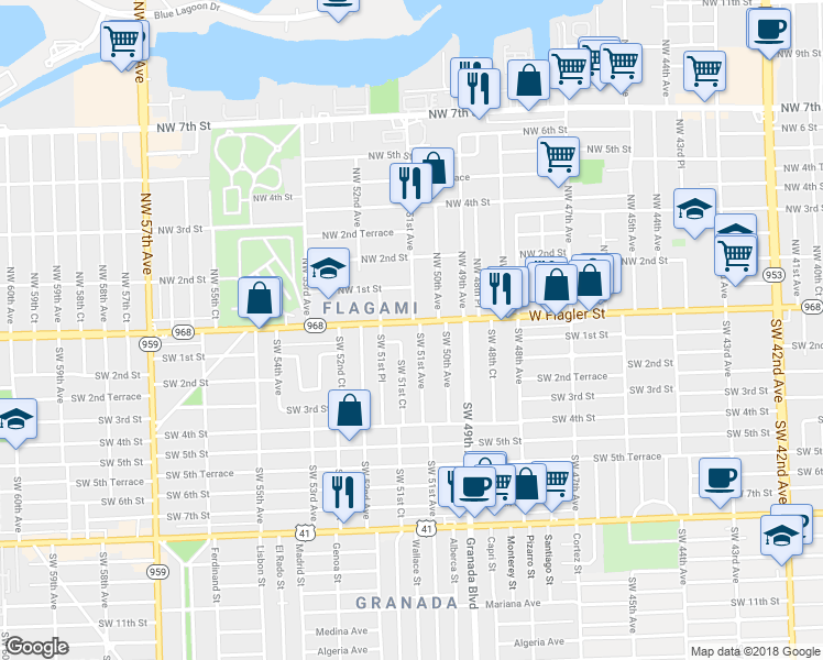 map of restaurants, bars, coffee shops, grocery stores, and more near 5121-5131 West Flagler Street in Coral Gables