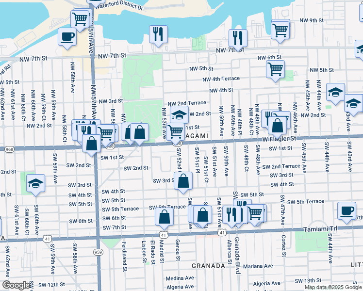 map of restaurants, bars, coffee shops, grocery stores, and more near in Miami