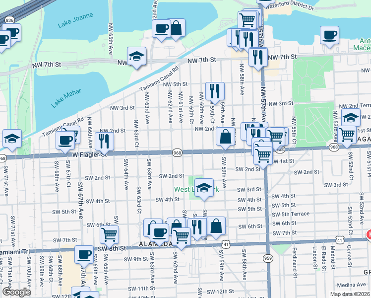 map of restaurants, bars, coffee shops, grocery stores, and more near 65 Northwest 61st Avenue in Miami