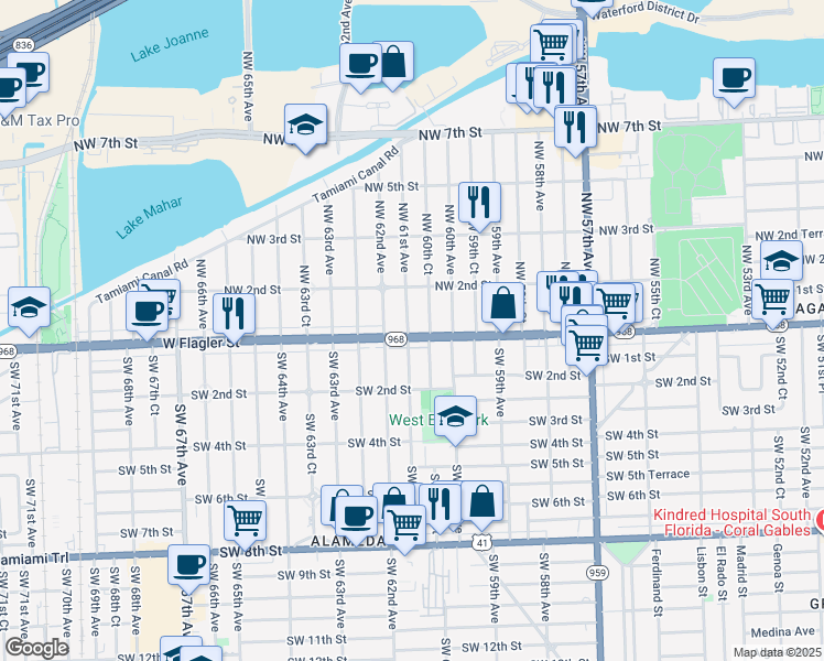 map of restaurants, bars, coffee shops, grocery stores, and more near 65 Northwest 61st Avenue in Miami