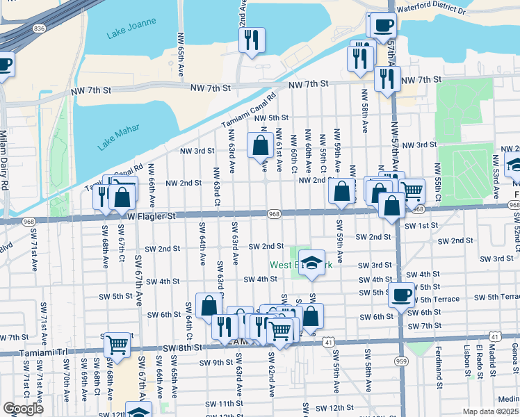 map of restaurants, bars, coffee shops, grocery stores, and more near 80 Northwest 62nd Avenue in Miami