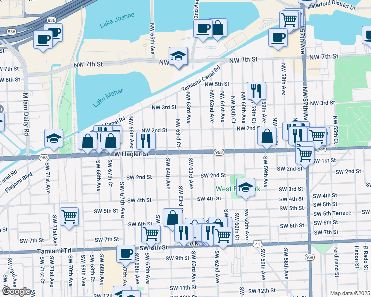 map of restaurants, bars, coffee shops, grocery stores, and more near 55 Northwest 63rd Avenue in Miami