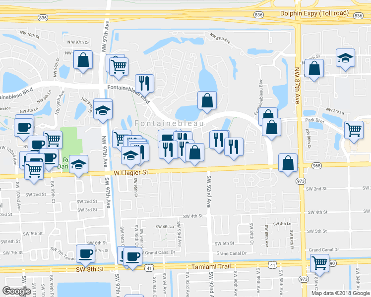 map of restaurants, bars, coffee shops, grocery stores, and more near 9270 Fontainebleau Boulevard in Miami