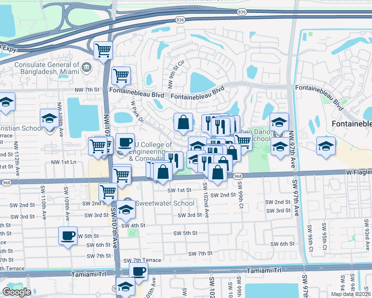 map of restaurants, bars, coffee shops, grocery stores, and more near 251 West Park Drive in Miami