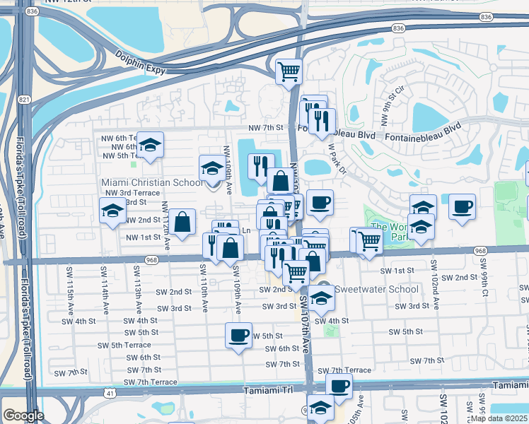map of restaurants, bars, coffee shops, grocery stores, and more near 315 Northwest 109th Avenue in Miami