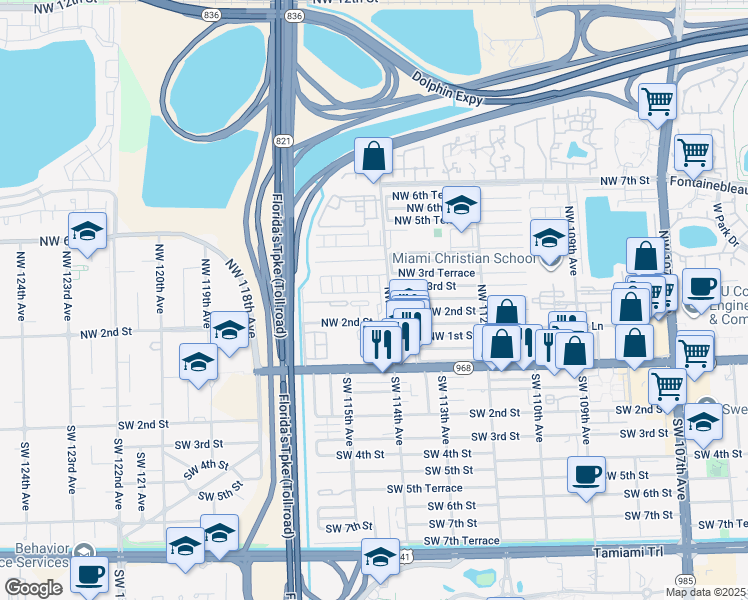 map of restaurants, bars, coffee shops, grocery stores, and more near 372 Northwest 114th Avenue in Miami