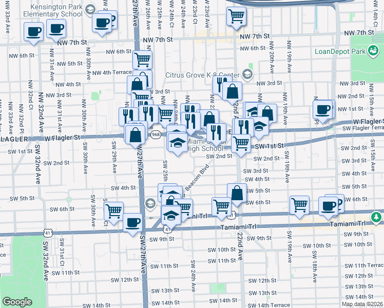 map of restaurants, bars, coffee shops, grocery stores, and more near 101 Southwest 24th Avenue in Miami