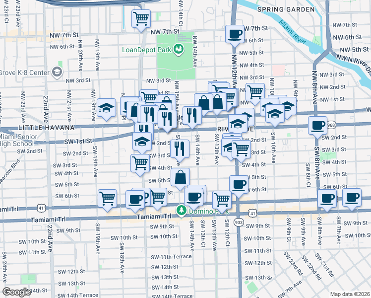 map of restaurants, bars, coffee shops, grocery stores, and more near 1453 Southwest 3rd Street in Miami