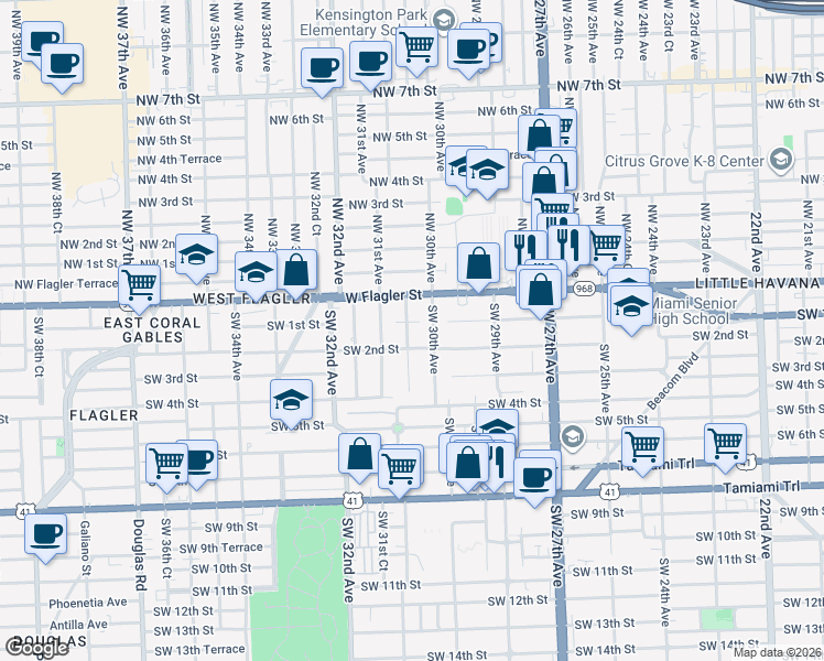 map of restaurants, bars, coffee shops, grocery stores, and more near 70 Southwest 30th Avenue in Miami