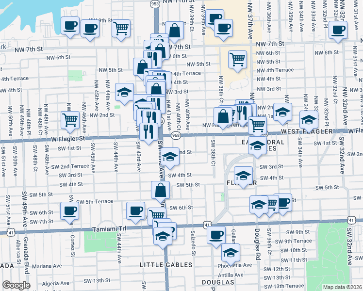map of restaurants, bars, coffee shops, grocery stores, and more near 4000 West Flagler Street in Miami