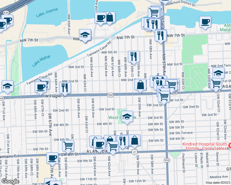 map of restaurants, bars, coffee shops, grocery stores, and more near 65 Northwest 61st Avenue in Miami