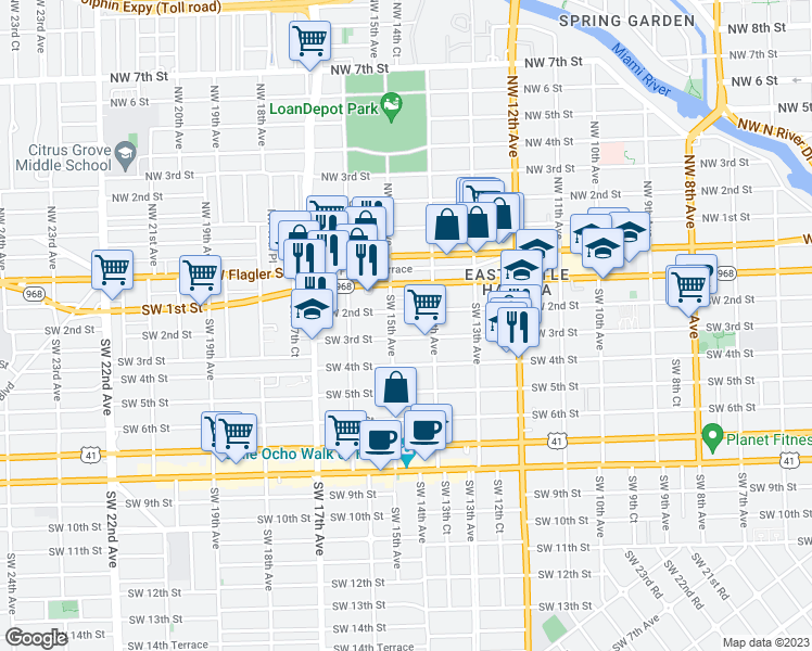 map of restaurants, bars, coffee shops, grocery stores, and more near 1429 Southwest 2nd Street in Miami