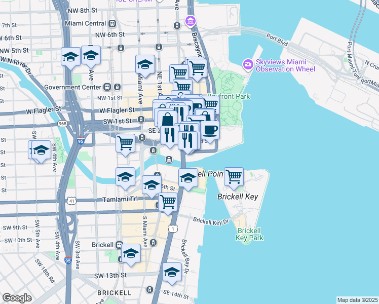 map of restaurants, bars, coffee shops, grocery stores, and more near 333 Southeast 2nd Avenue in Miami