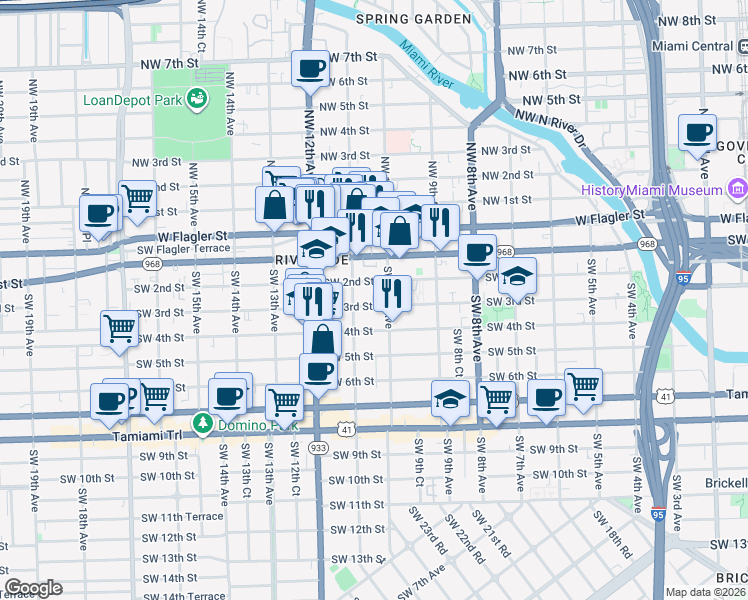 map of restaurants, bars, coffee shops, grocery stores, and more near 1054 Southwest 2nd Street in Miami