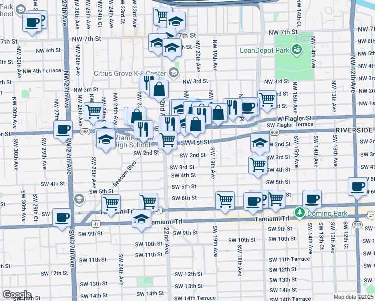 map of restaurants, bars, coffee shops, grocery stores, and more near 2093 Southwest 1st Street in Miami